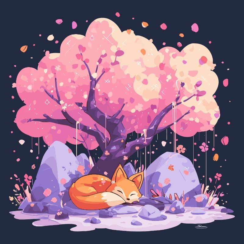 Sleeping fox under cherry tree