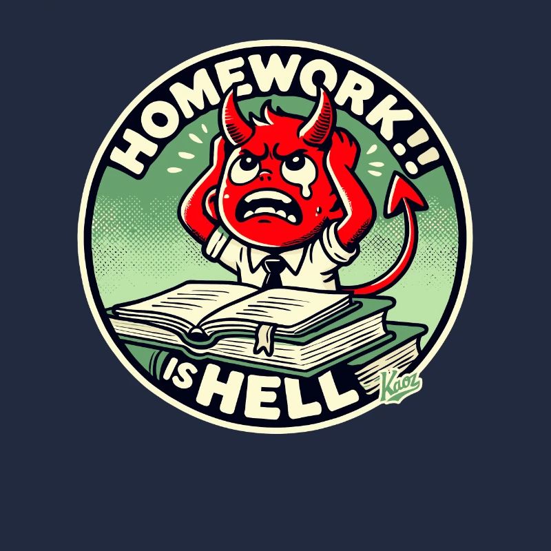 Little devil schoolboy in homework hell