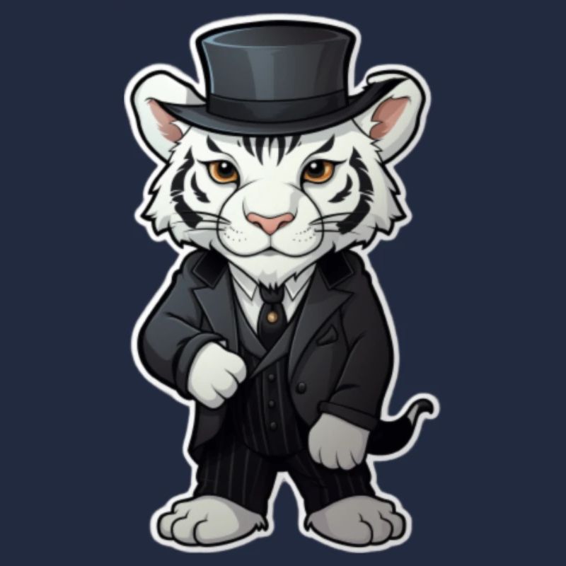 cute white tiger wearing a black suit and hat