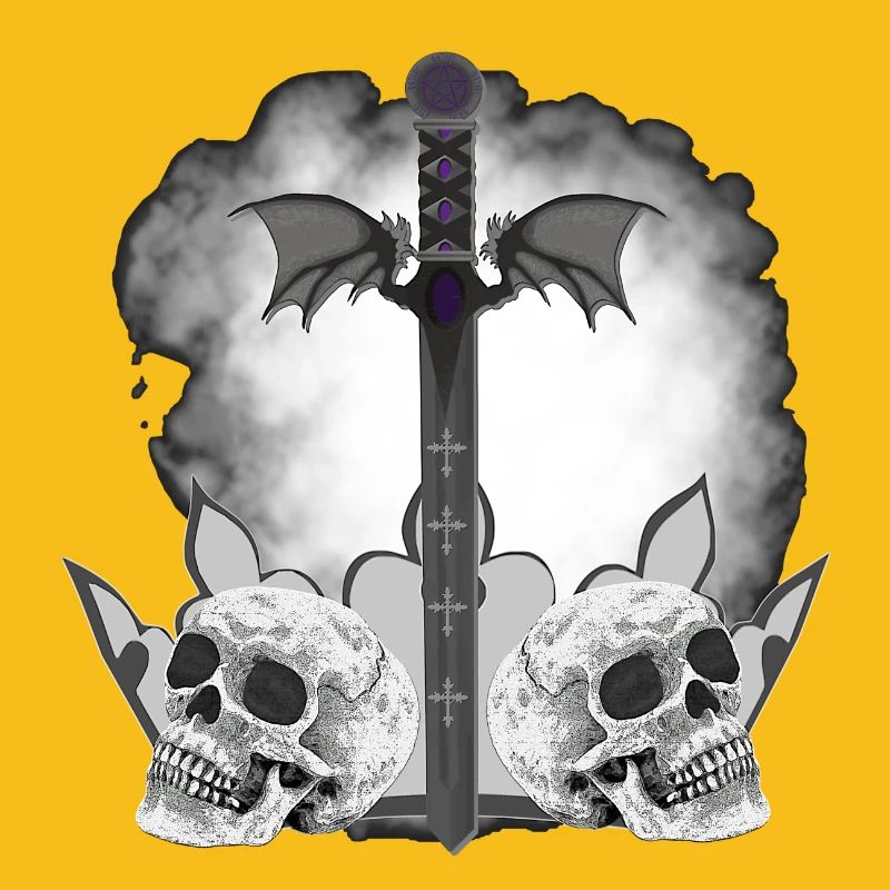 Menschenschädel, Schwerter, Dämonenflügel, vanitas