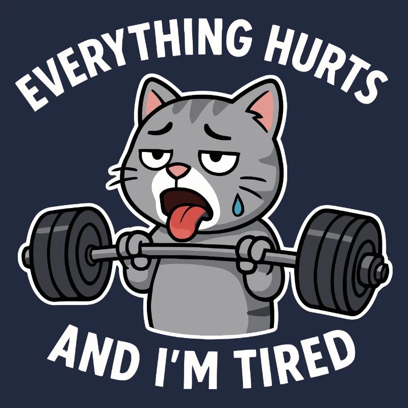 Exhausted Cat Lifting Weights Illustration