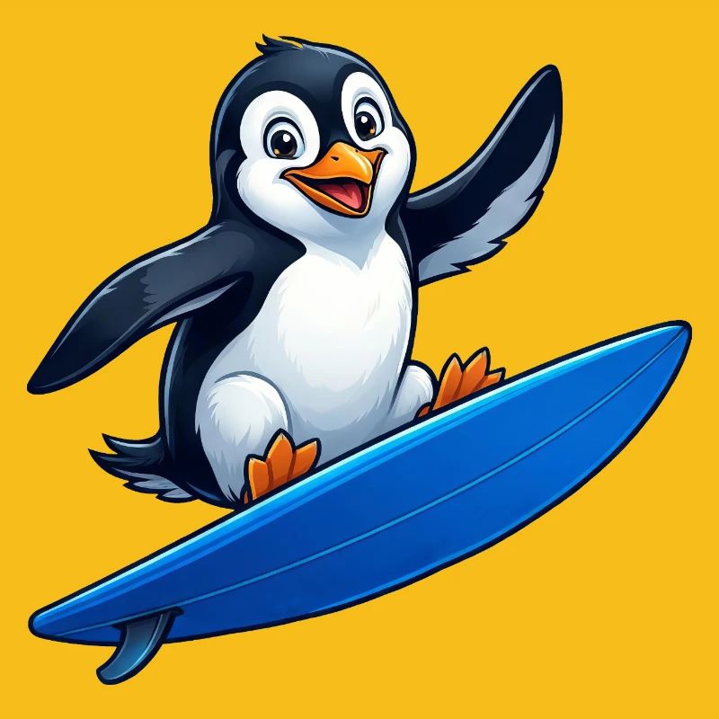 Mignon Pingouin Surfeur Surfant Eau d’Été