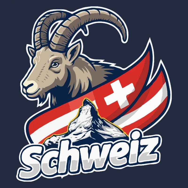 Alpensteinbock mit Schweizer Flagge