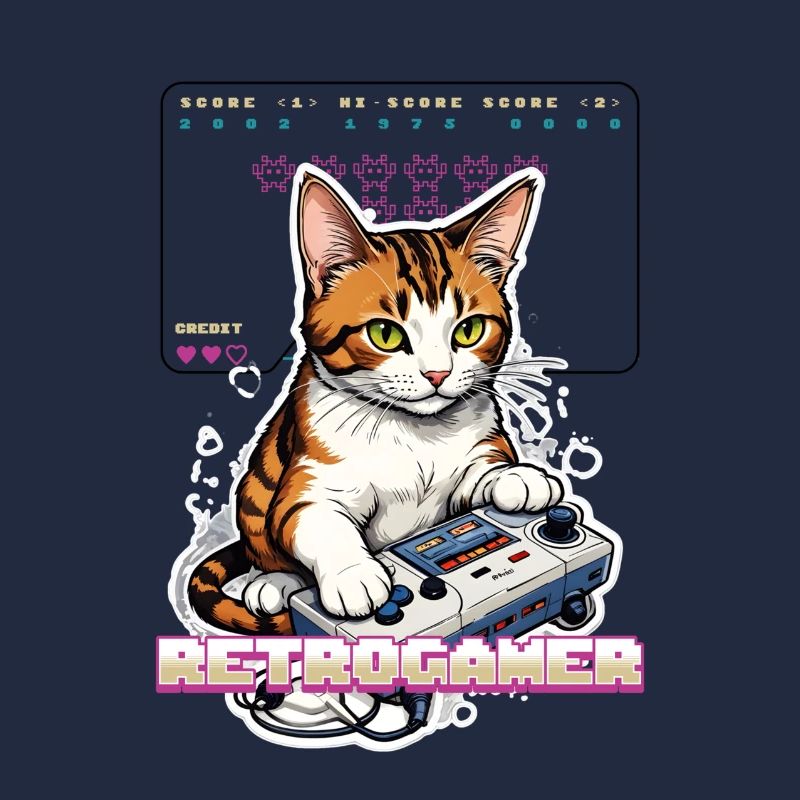 Retro Gaming Katze: Retrogamer mit Controller