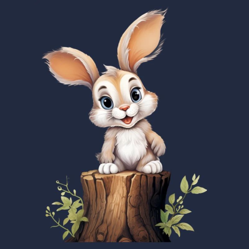 Cute bunny sitting on a tree trunk and smiling