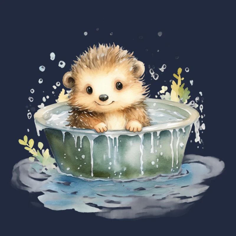 Bébé hérisson prend un bain, peint à la main - aquarelles