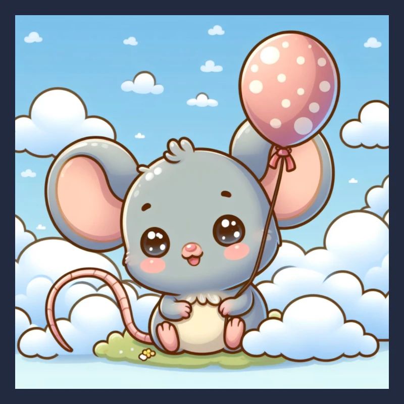 Süsse Maus mit einem Ballon auf einer Wolke