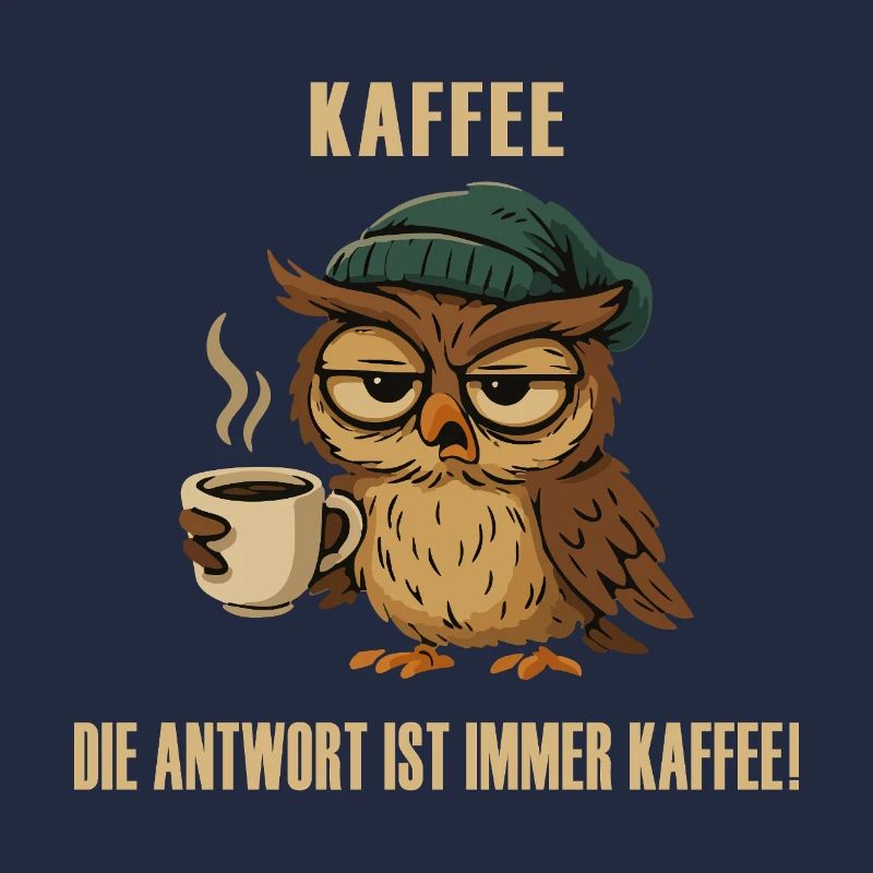 Müde Eule mit Kaffee – lustiger Spruch.