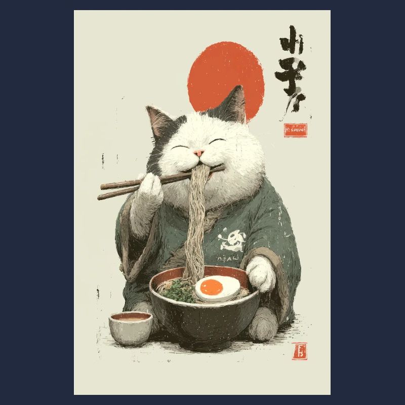 Samurai-Katze schlürft Ramen