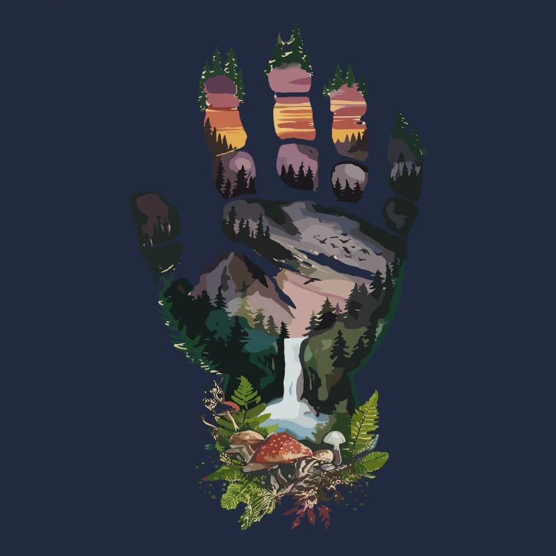 Empreinte de main de la forêt du soir avec cascade et
