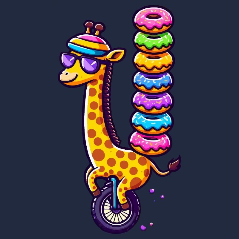 Giraffe auf einem Einrad mit bunten Donuts