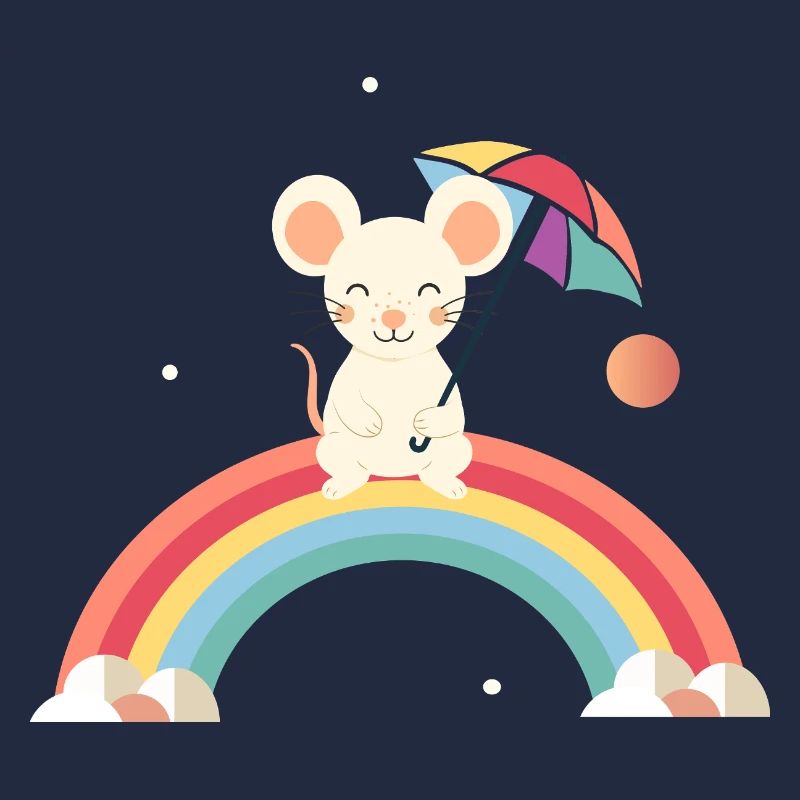 Cheerful mouse with umbrella on rainbow