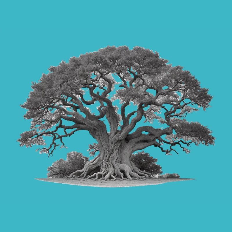 Old tree oak with roots and many branches