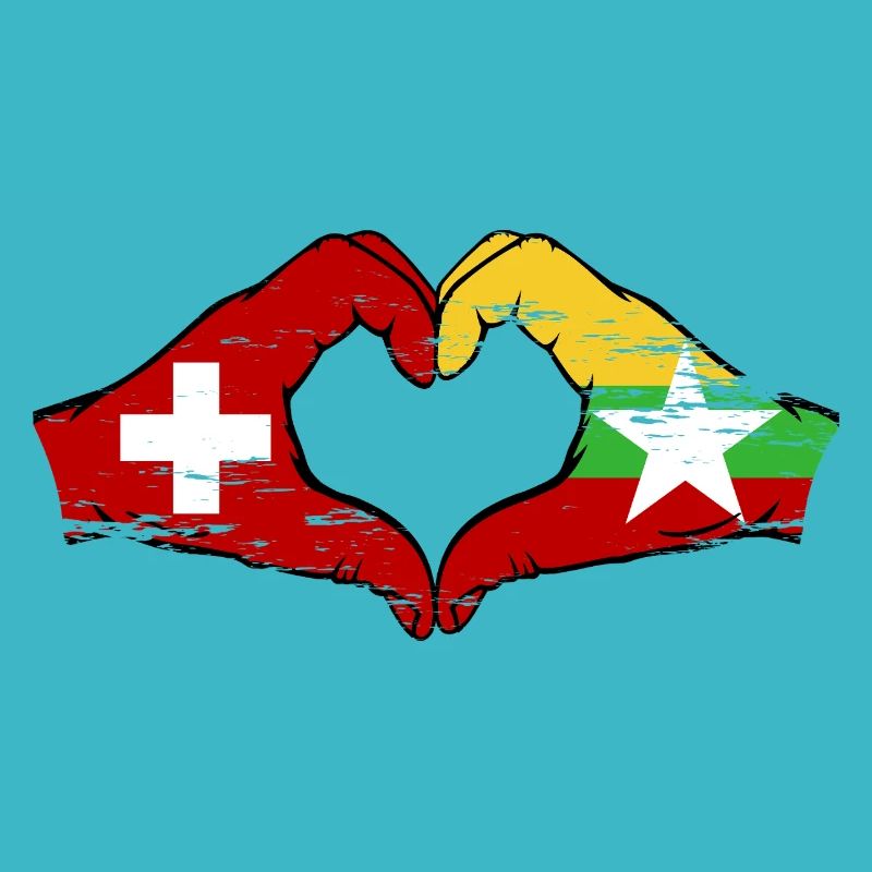 Suisse Myanmar drapeau mains forme de coeur utilisé