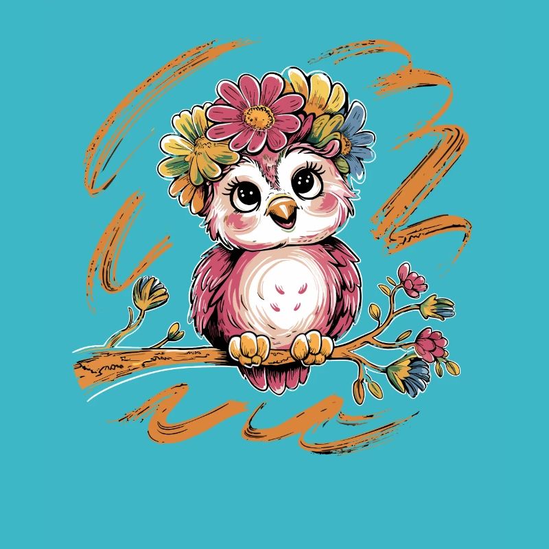 Niedliche Eule Vogel Federn Blumen für einen