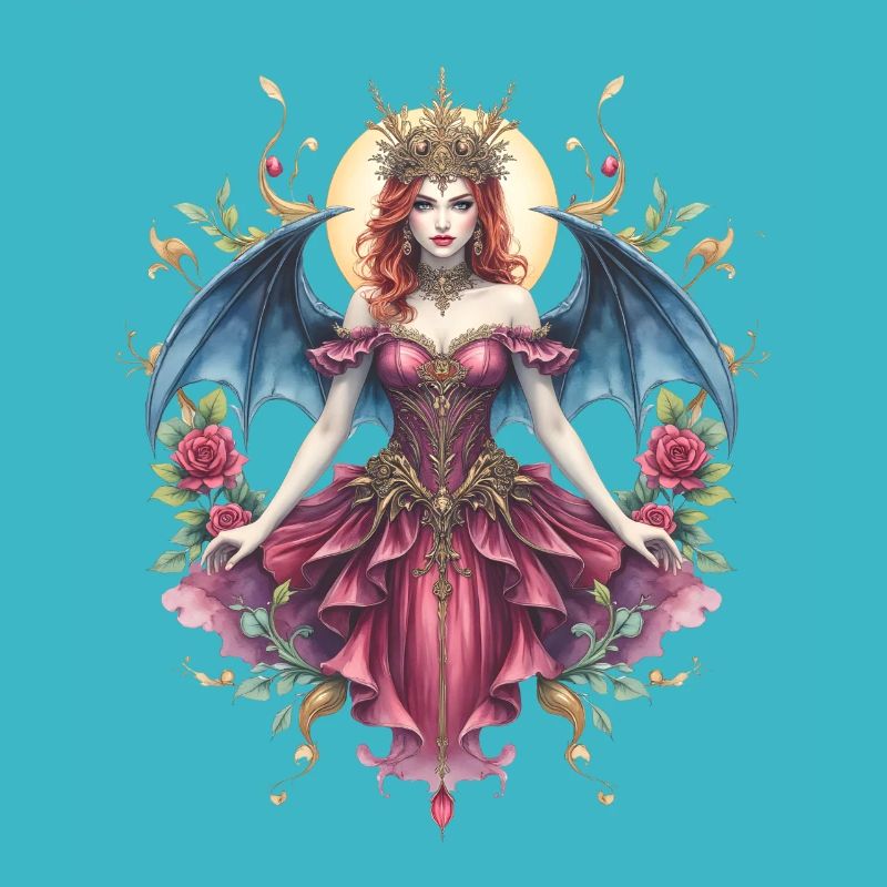 Gothic winged queen among roses