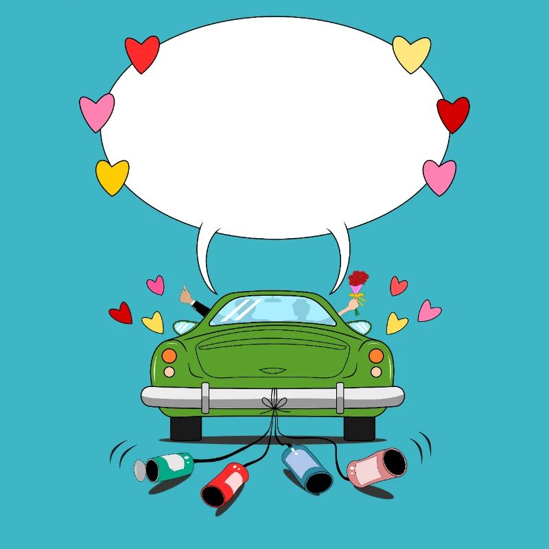 Voiture de mariage avec bulle de dialogue en vert