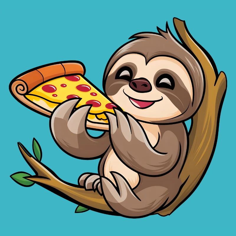 Sloth on Branch with Pizza Cartoon