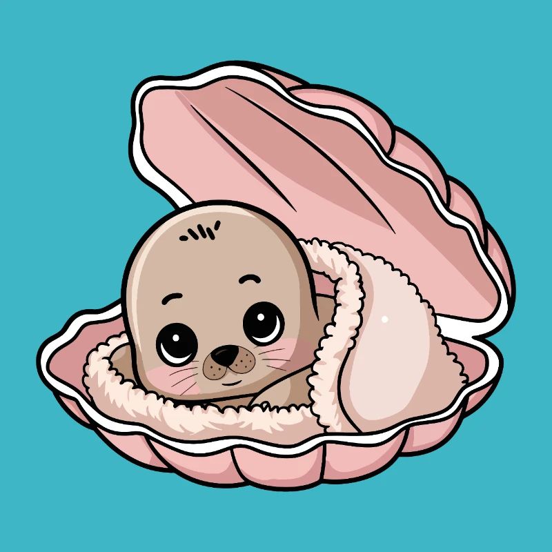 Bébé phoque douillet dans un coquillage rose