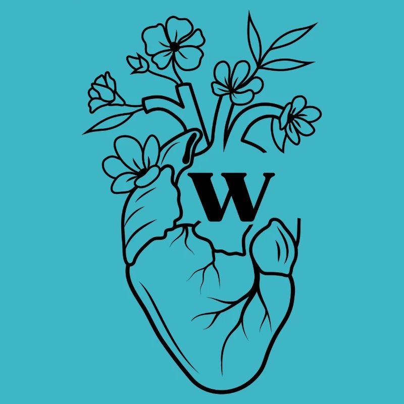 Buchstabe w Herz schwarze florale Anatomie