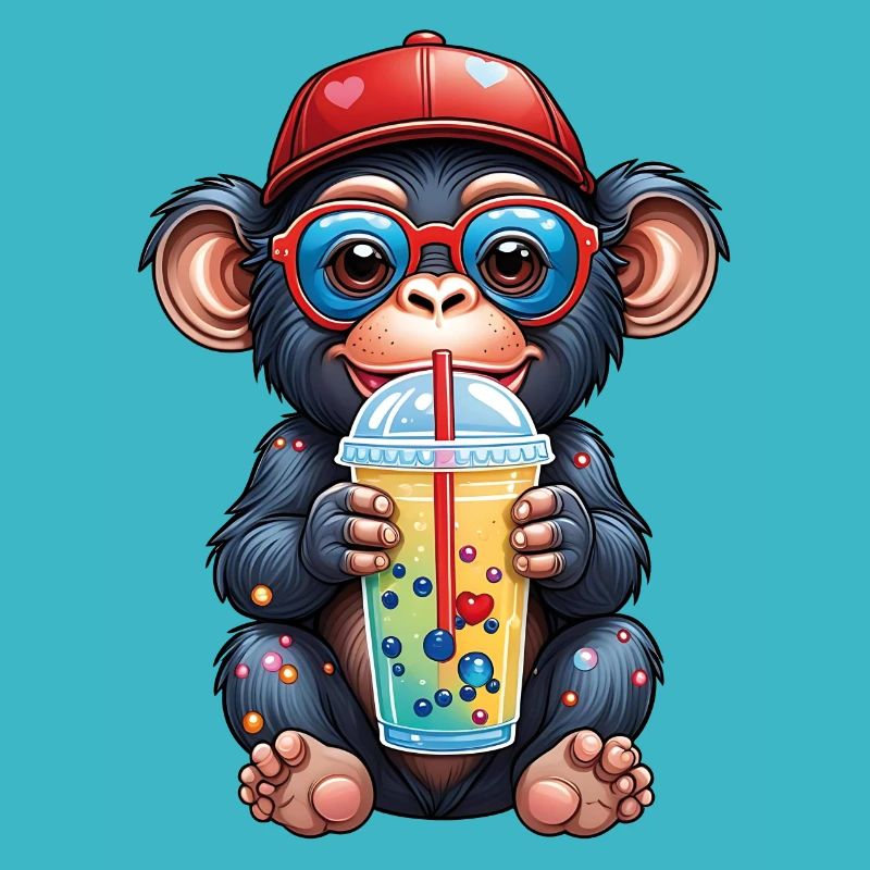 Kleiner Affe Schimpanse mit Limonade