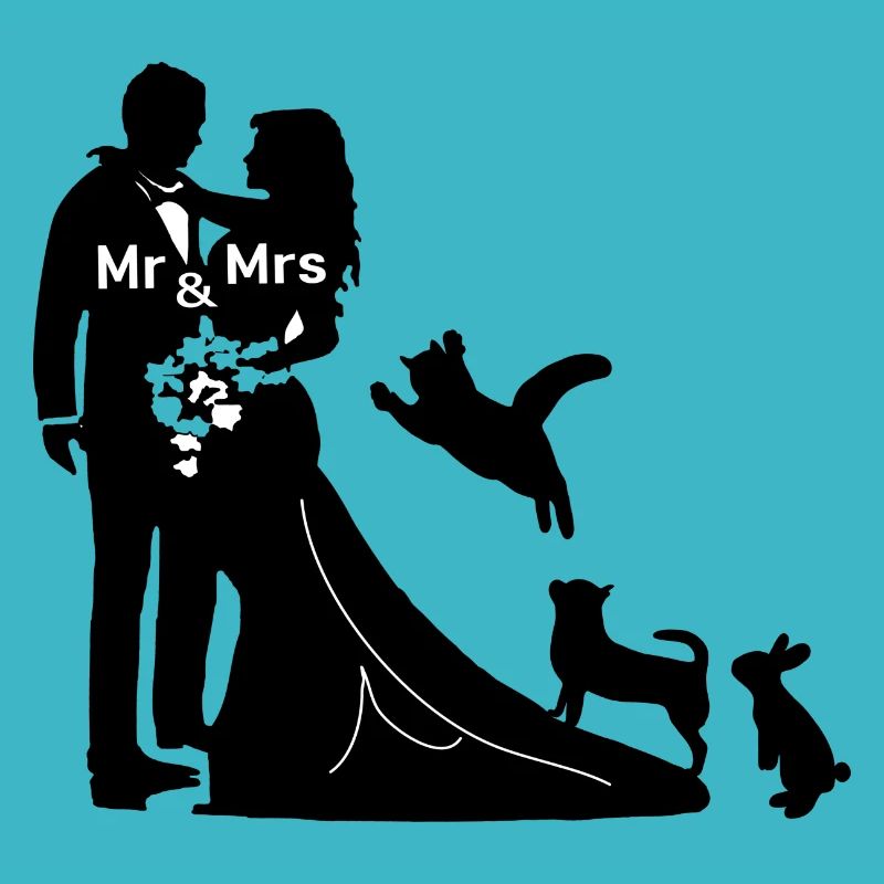 Jeunes mariés avec chien, chat et lapin se marient