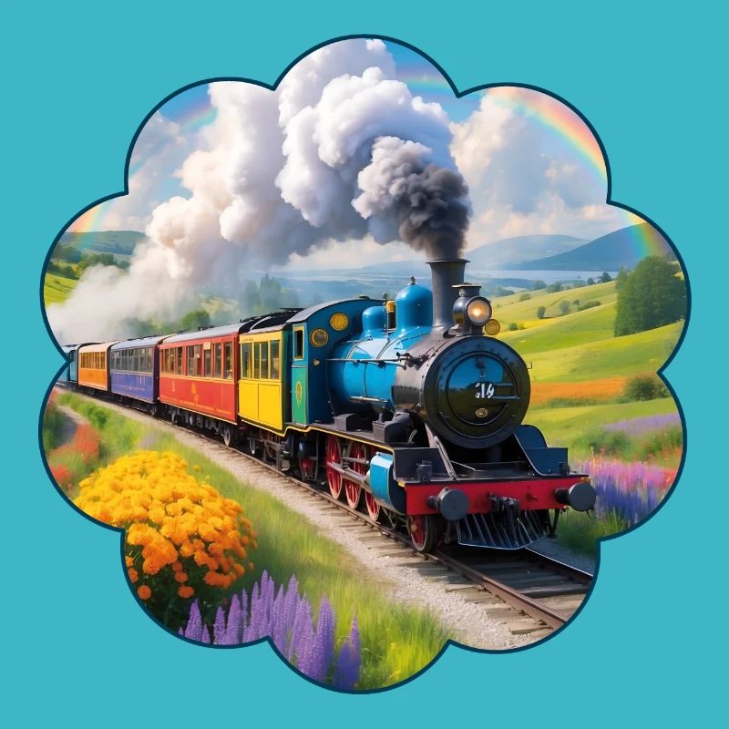 Bunte Eisenbahn mit rauchender Dampflokomotive