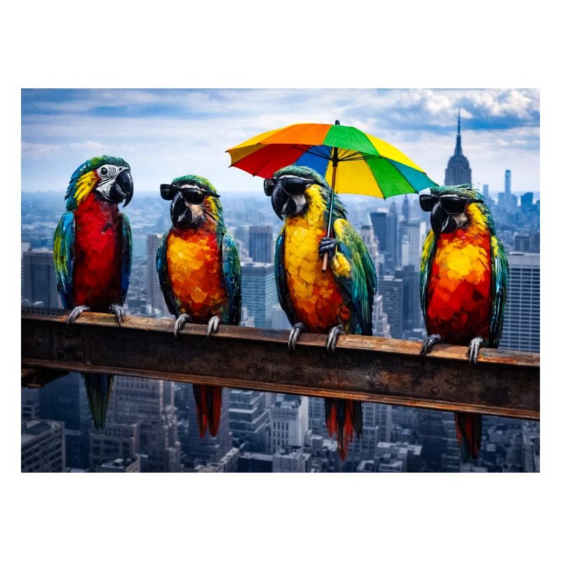Parade de perroquets avec parapluie arc-en-ciel