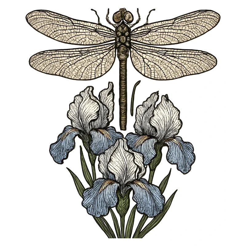 Dragonfly over iris flowers