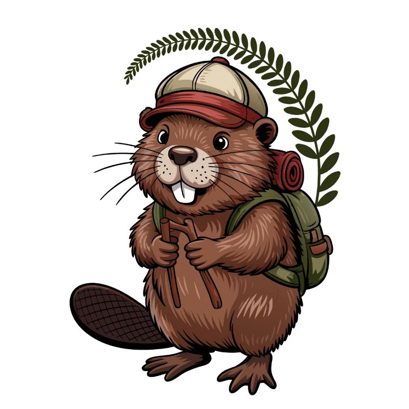 Funny beaver with hiking poles and backpack