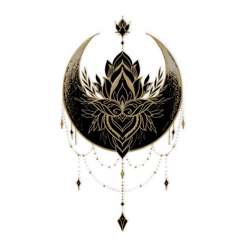 Superbe lune noire dorée avec fleur de lotus.