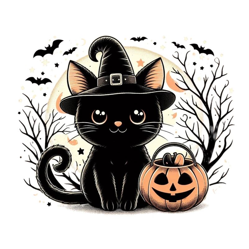 Cute black kitten witch halloween