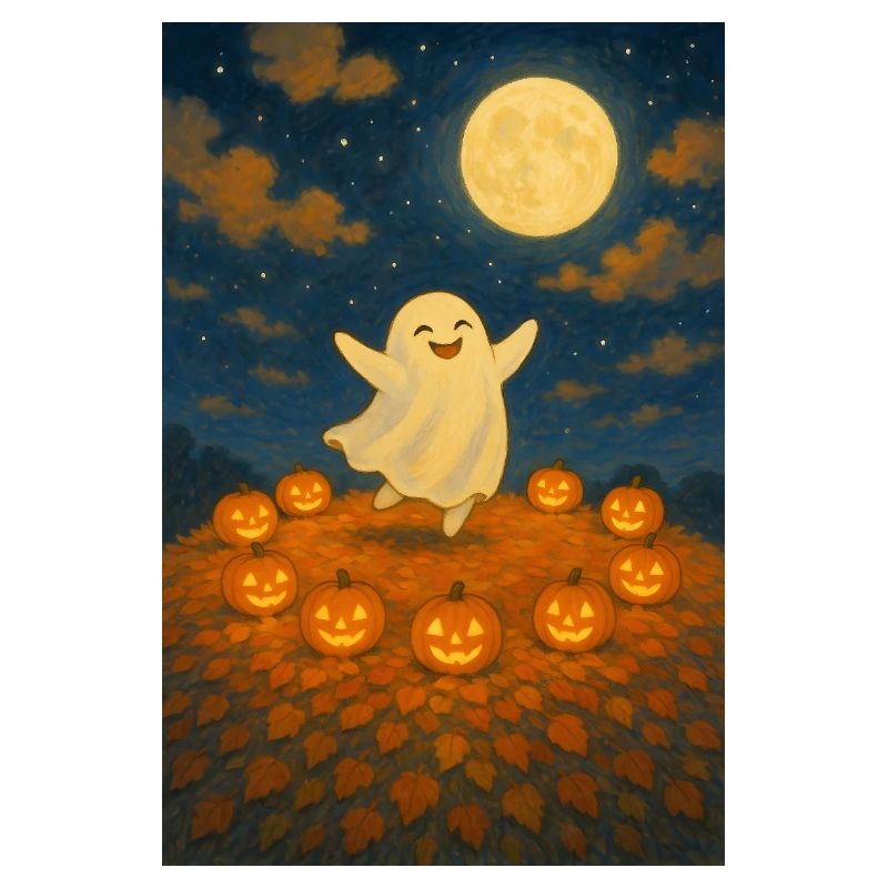 Moonlit Ghost Among Pumpkins