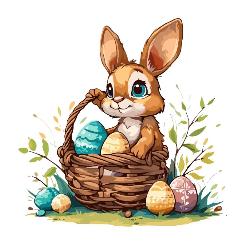 Bunny with an Easter basket filled with eggs