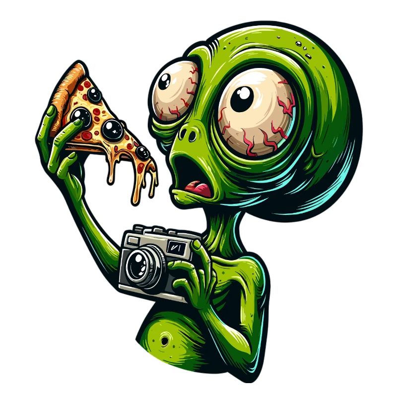 Alien mit Pizza und Kamera