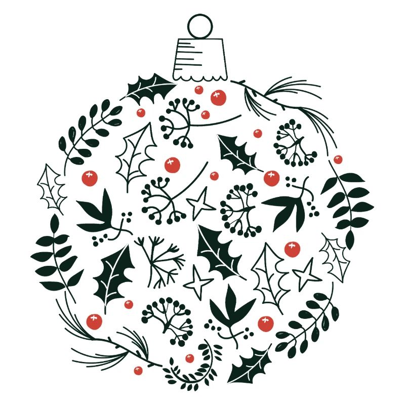 Weihnachtskugel mit Stechpalme und Vogelbeerblättern