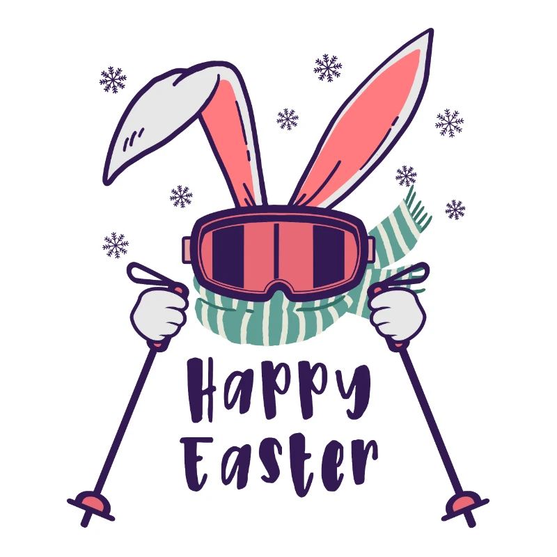 Joyeuses Pâques de Skiing Rabbit avec bâtons de ski