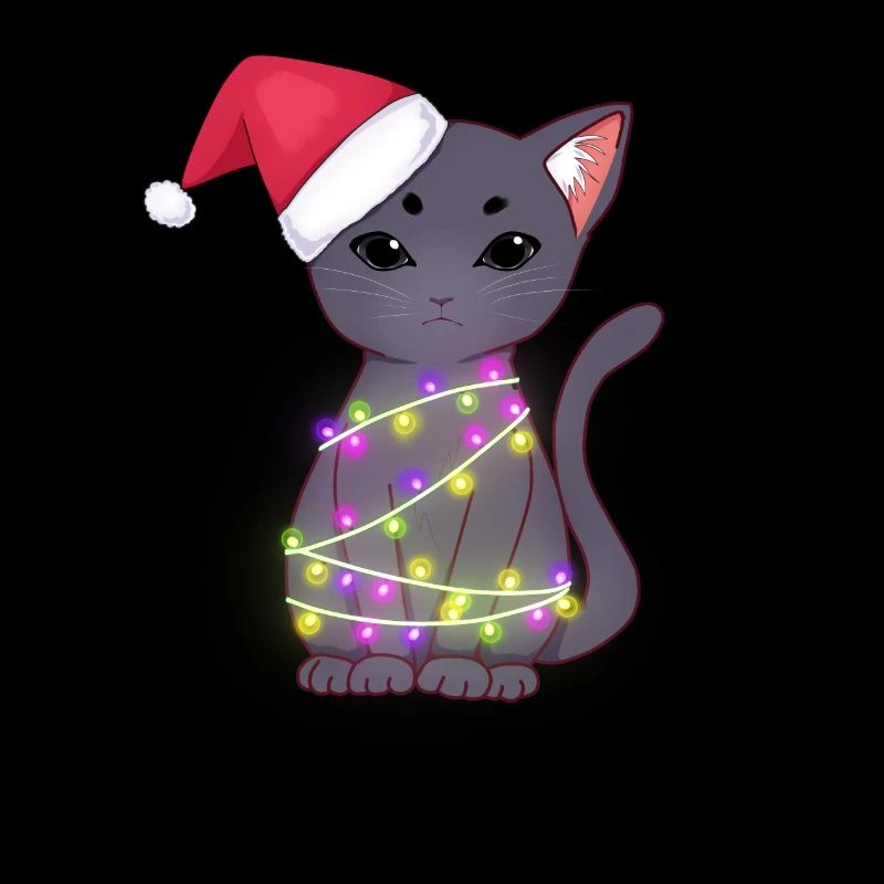 Niedliche schwarze Katze mit Weihnachtsmütze, Weihnachtslichter