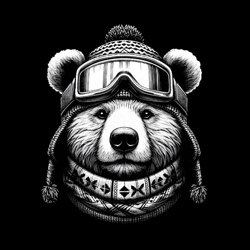 Bear with ski goggles loves snowboarding and skiing