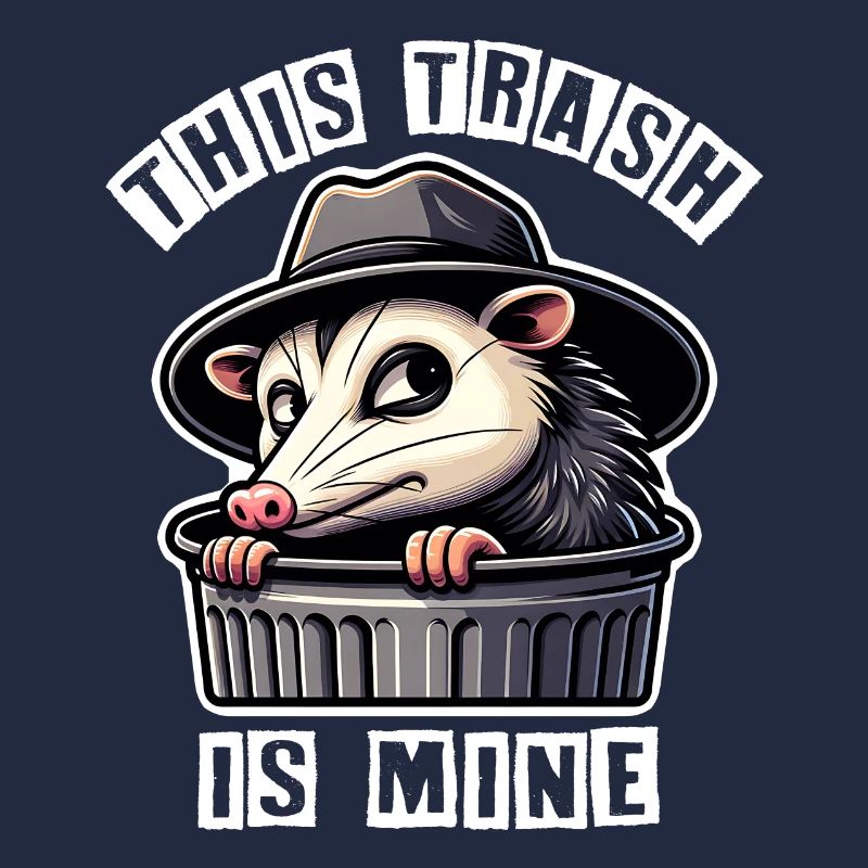 Trash possum with hat looking out of the garbage can