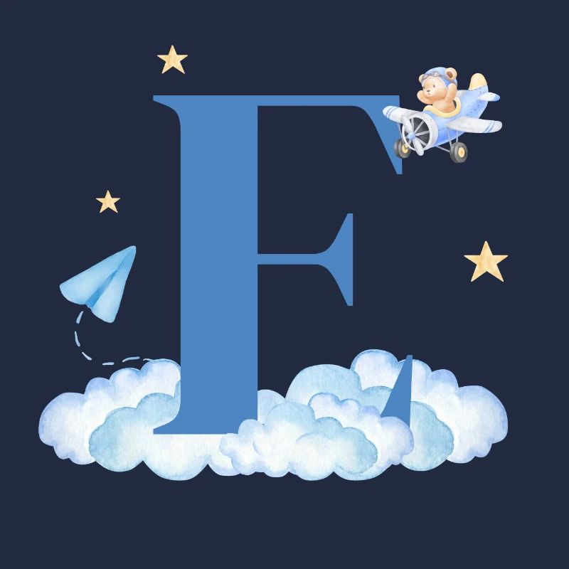 Letter e blue clouds airplane child