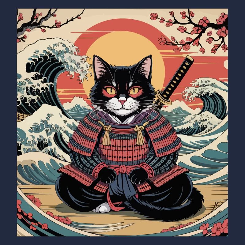 Chat samouraï avec coucher de soleil et vagues – Jap