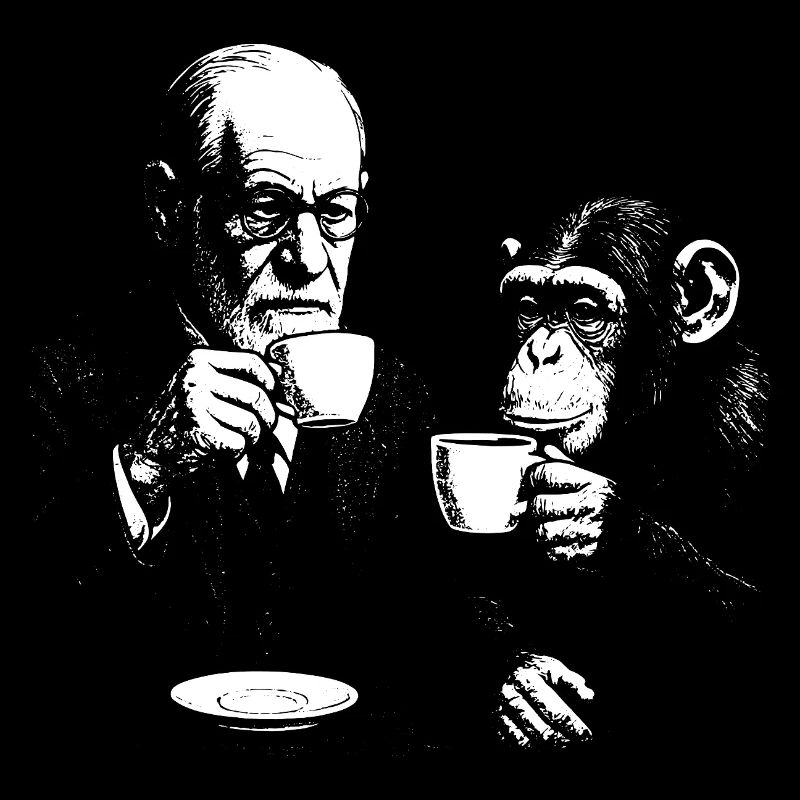 Sigmund Freud buvant du café avec un singe