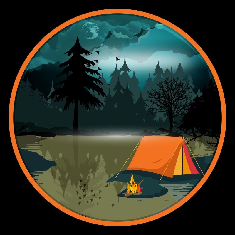 Camping de nuit dans la forêt avec feu de camp et tente