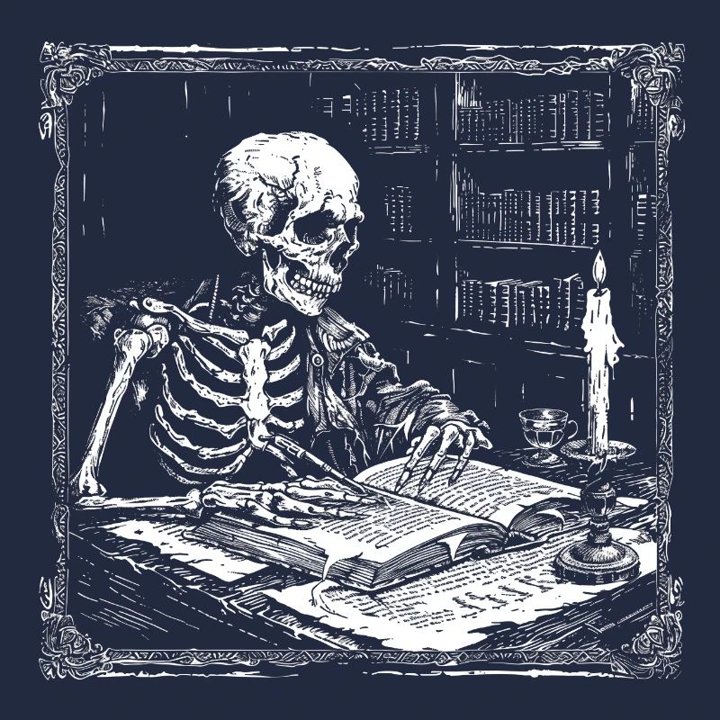 Skeleton at the reading table bookworm bookworm