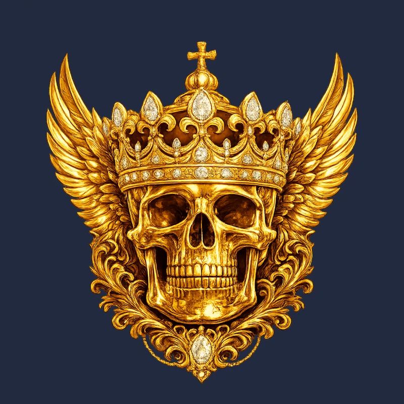 Crâne doré avec couronne et ailes