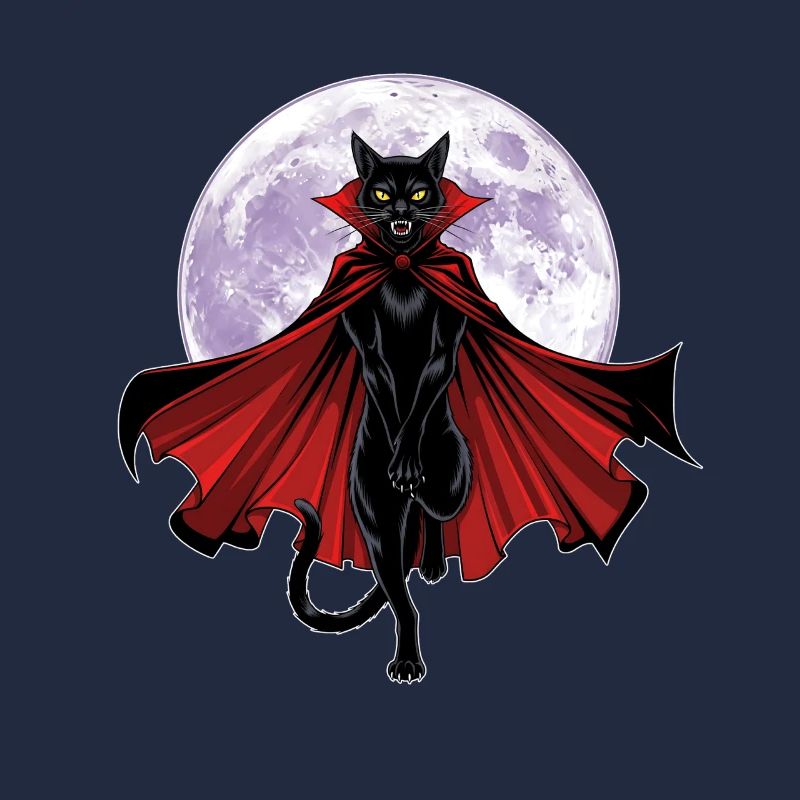 Chat vampire graphique avec cape devant une pleine lune