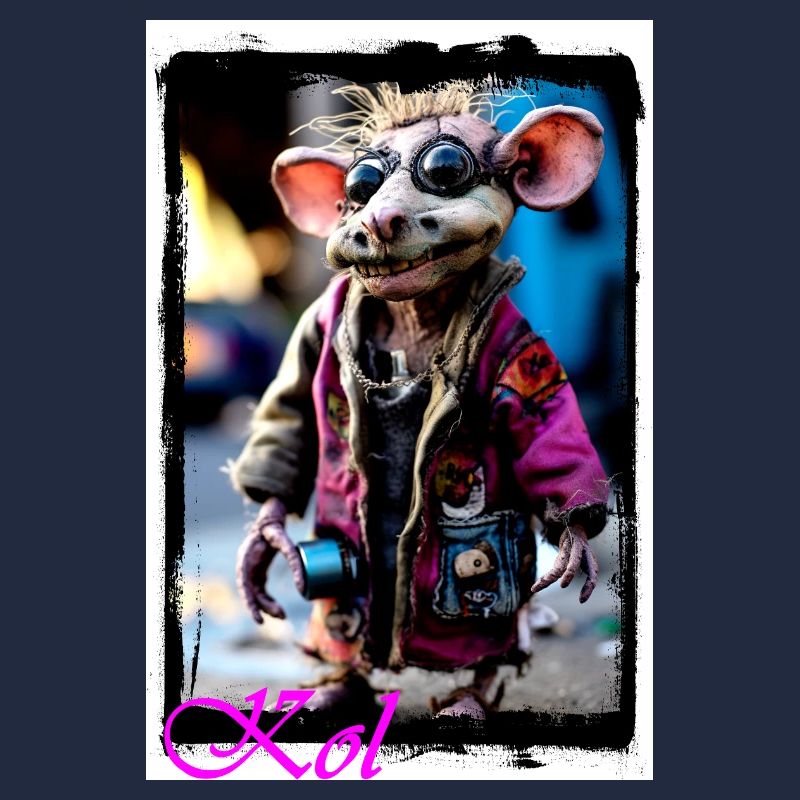 Bizarre mouse puppet as a punk with sunglasses