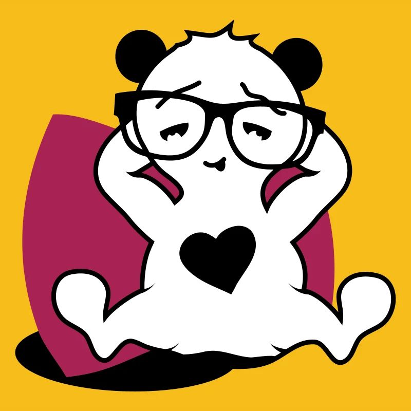 Panda mit Nerd Brille und Herz Button beim relaxen