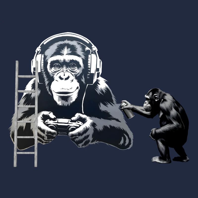 GRAFFITI BANKSY STYLE - CHIMP PLAYING COMPUTER GAM